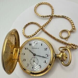 Caravelle vintage 1970s Swiss Made gold plated manual pocket watch & chain